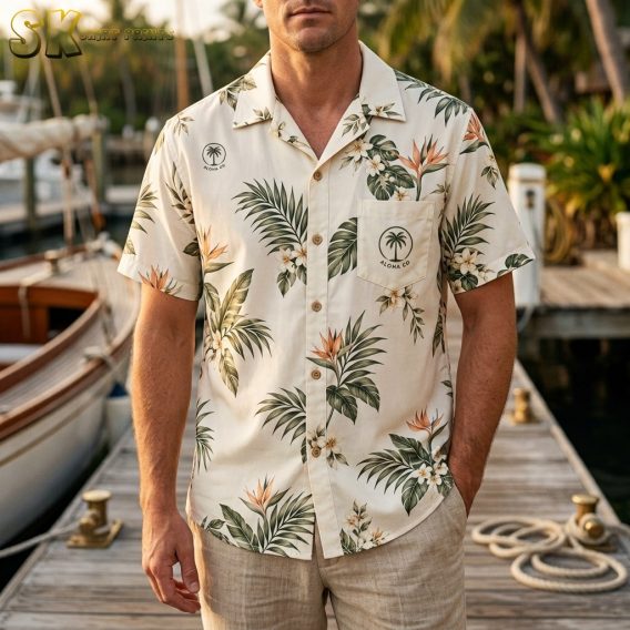 A man stands on a wooden marina dock wearing a logo hawaiian shirt with palm frond and bird of paradise print, the Aloha Co. chest pocket logo clearly visible.