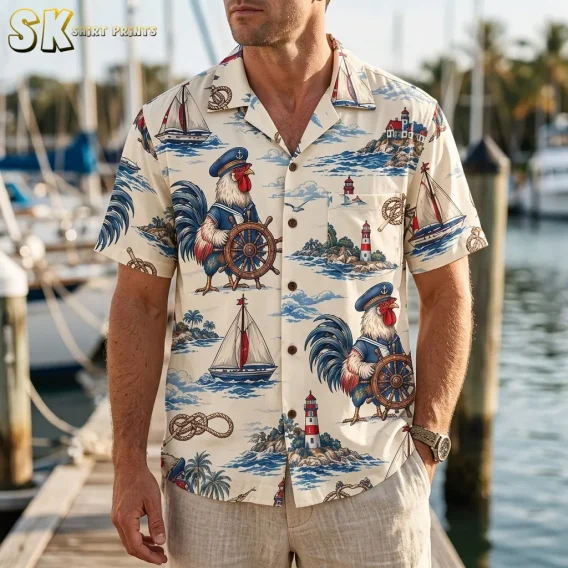 A man wears a cream rooster Hawaiian shirt with light-colored pants at a marina, with large captain roosters visible across the front.