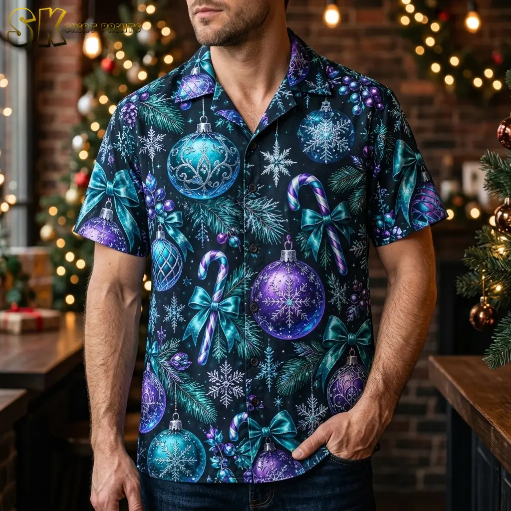 A man wears a Christmas aloha shirt with large teal and purple ornaments beside decorated trees and warm lights.