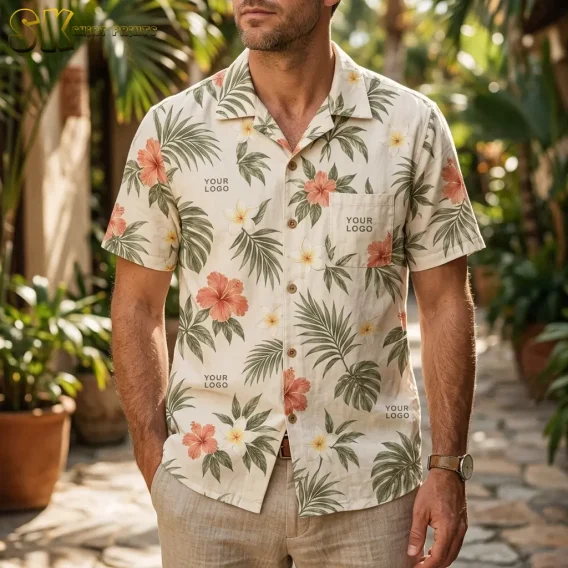 A man wearing a custom Hawaiian shirt with your logo repeated across the coral hibiscus print stands in a shaded outdoor walkway lined with tropical plants.