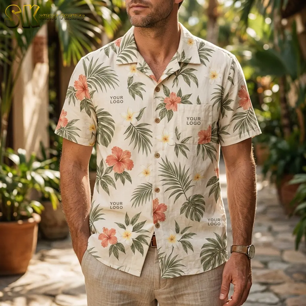 A man wearing a custom Hawaiian shirt with your logo repeated across the coral hibiscus print stands in a shaded outdoor walkway lined with tropical plants.