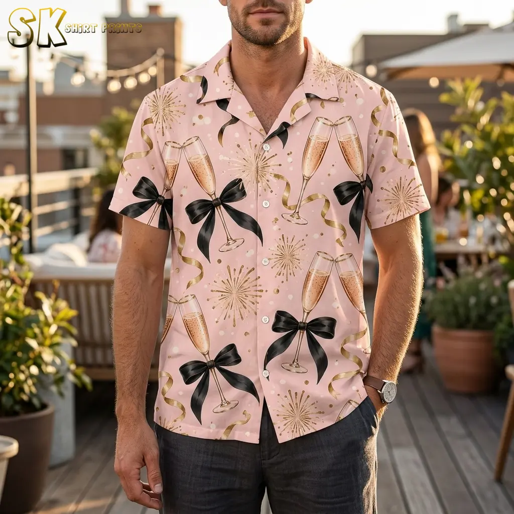 A man wears a pink champagne-print button-up shirt with dark pants on an outdoor terrace.