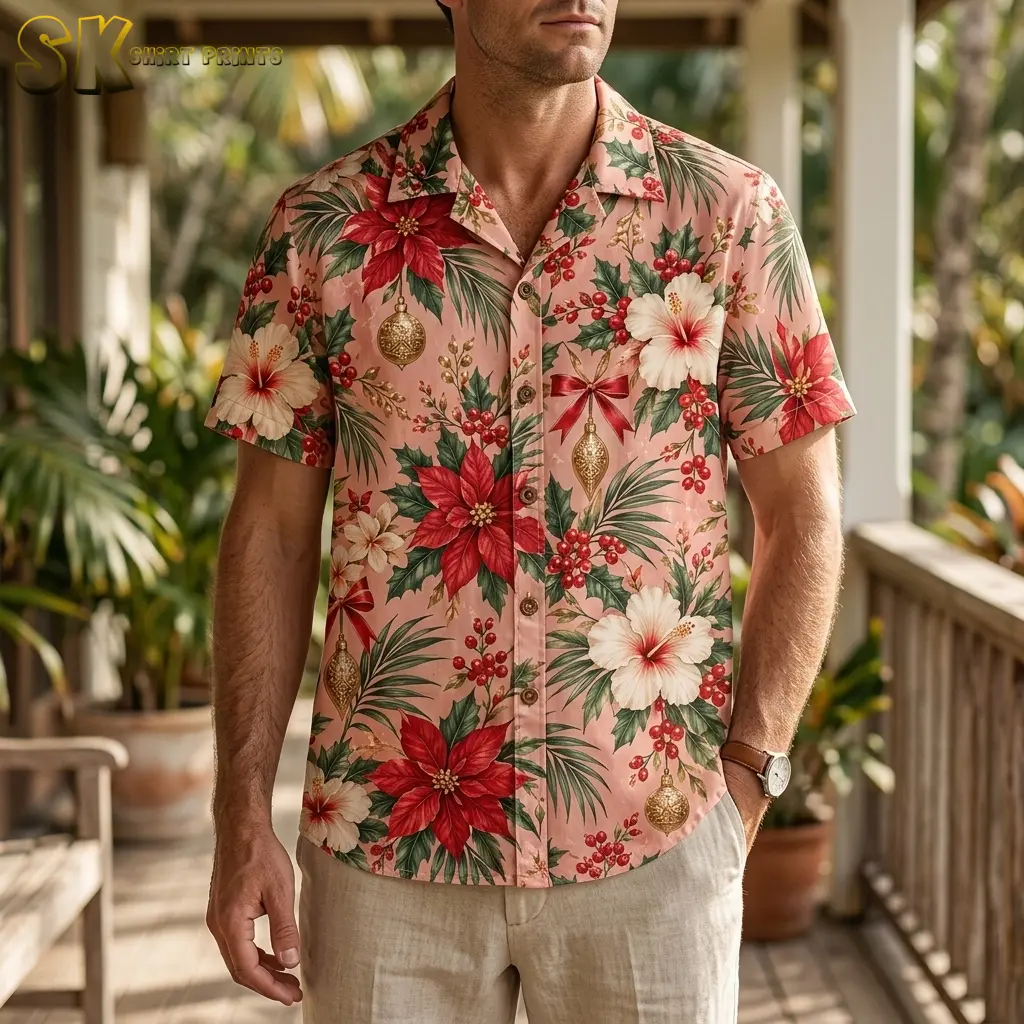 A man wears a pink short-sleeve holiday shirt with poinsettias and hibiscus flowers on a porch surrounded by tropical greenery.