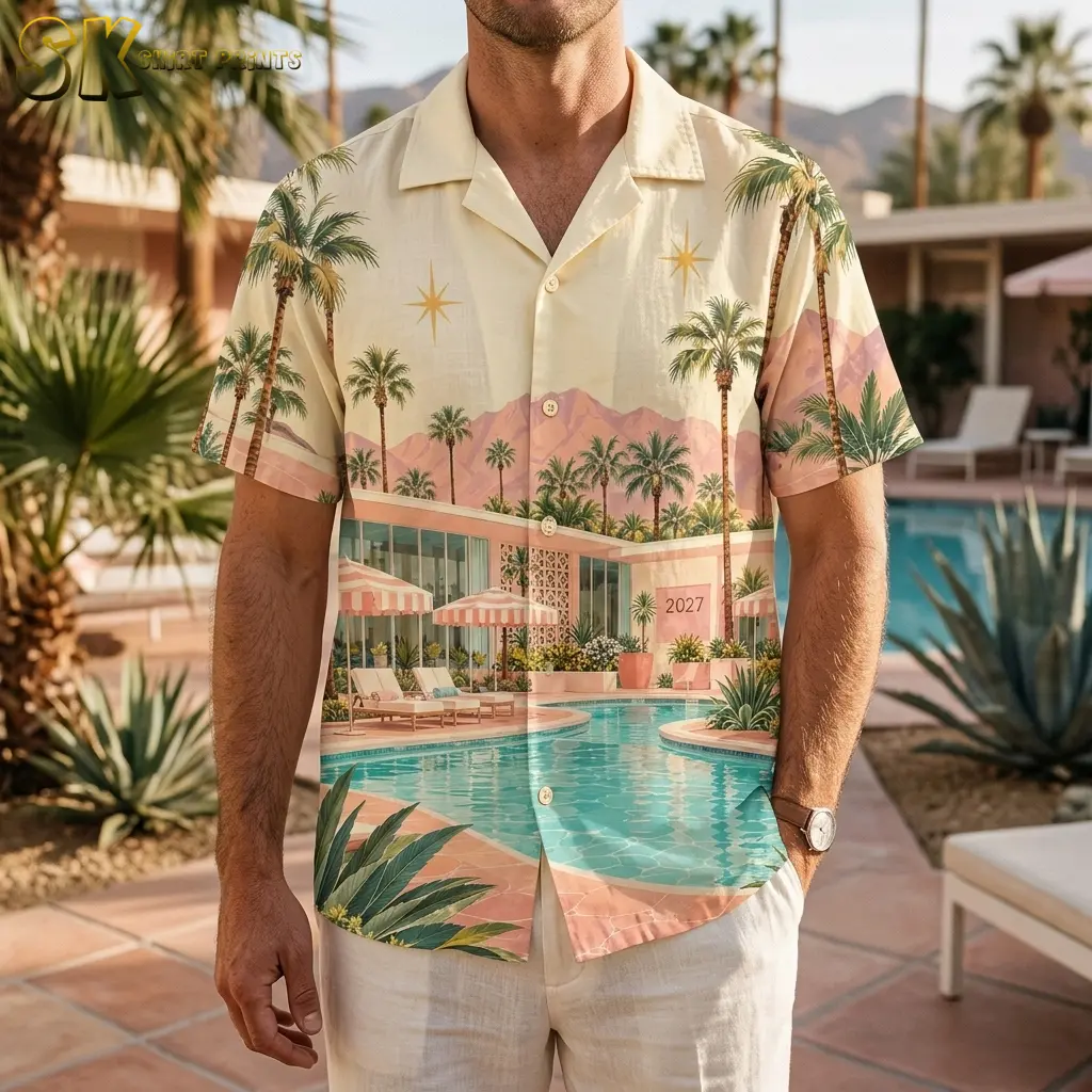 A man wears the short-sleeve resort-print shirt with white pants beside a pool, showing the palm trees and pink mountains across the front.