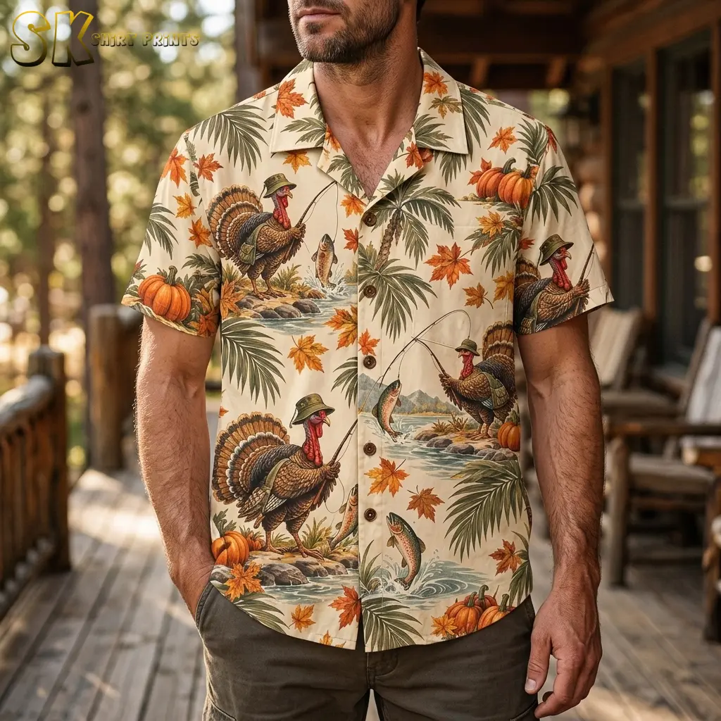 A man on a wooden porch wears a beige Thanksgiving Hawaiian shirt with fishing turkeys and orange pumpkins.