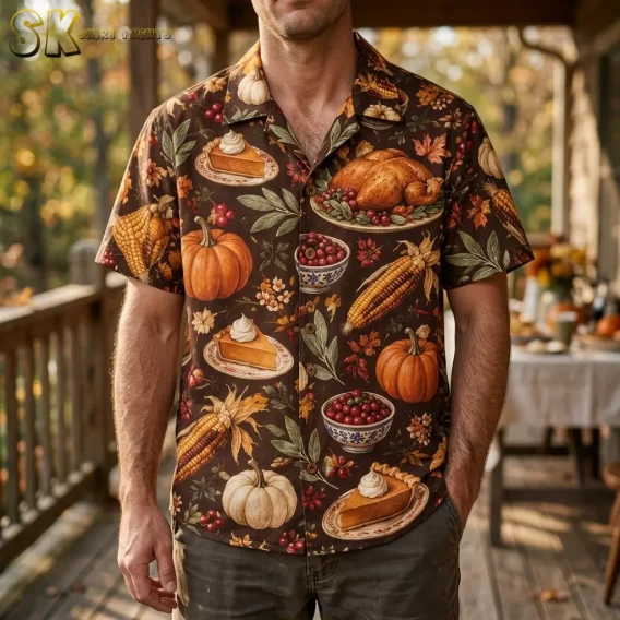 A man on a wooden porch wears a brown Thanksgiving Hawaiian shirt with a large roasted turkey illustration across the chest.