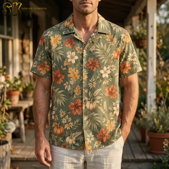 A man wears an olive green Thanksgiving Hawaiian shirt with orange leaves and cream flowers on a wooden porch.
