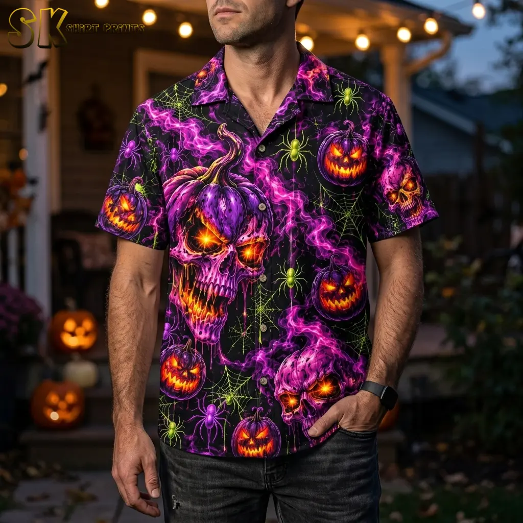 A man wears a black short-sleeve shirt with purple pumpkin skulls outside a porch decorated with string lights and jack-o-lanterns.