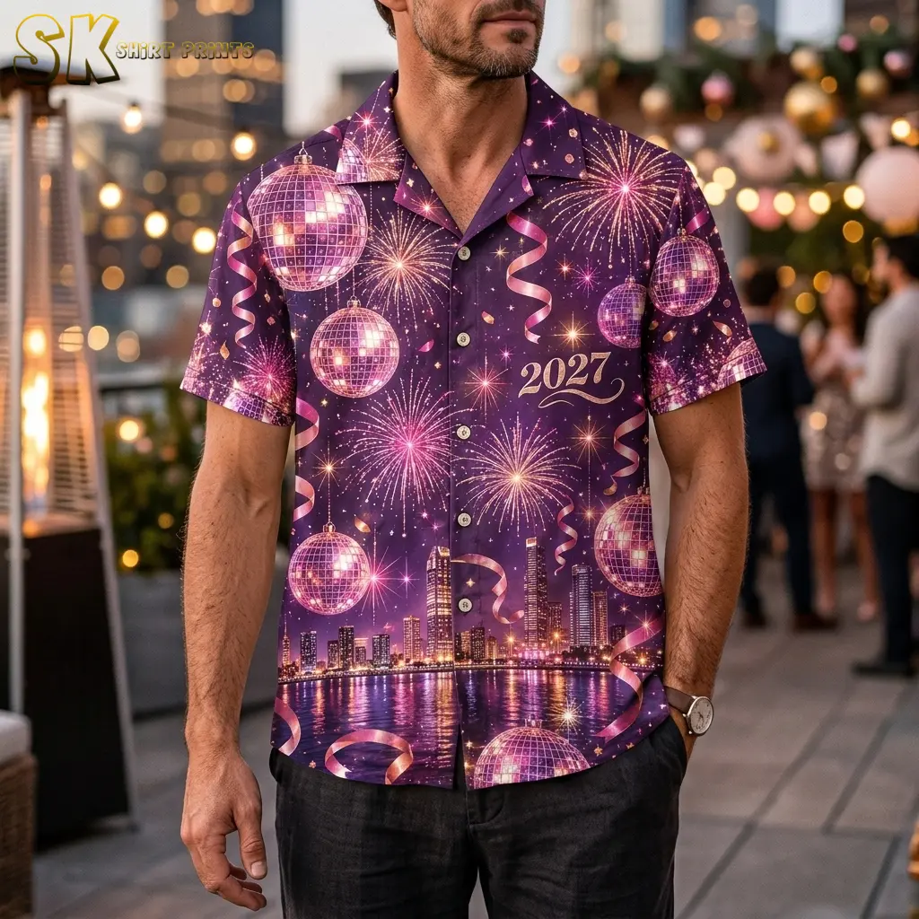 A man wears a purple short-sleeve button-up shirt with disco balls and gold-toned “2027” text at an outdoor gathering.