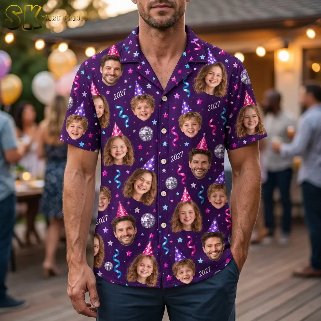 A man wears a purple family New Year's shirt with photographic faces and 2027 text at an outdoor gathering.
