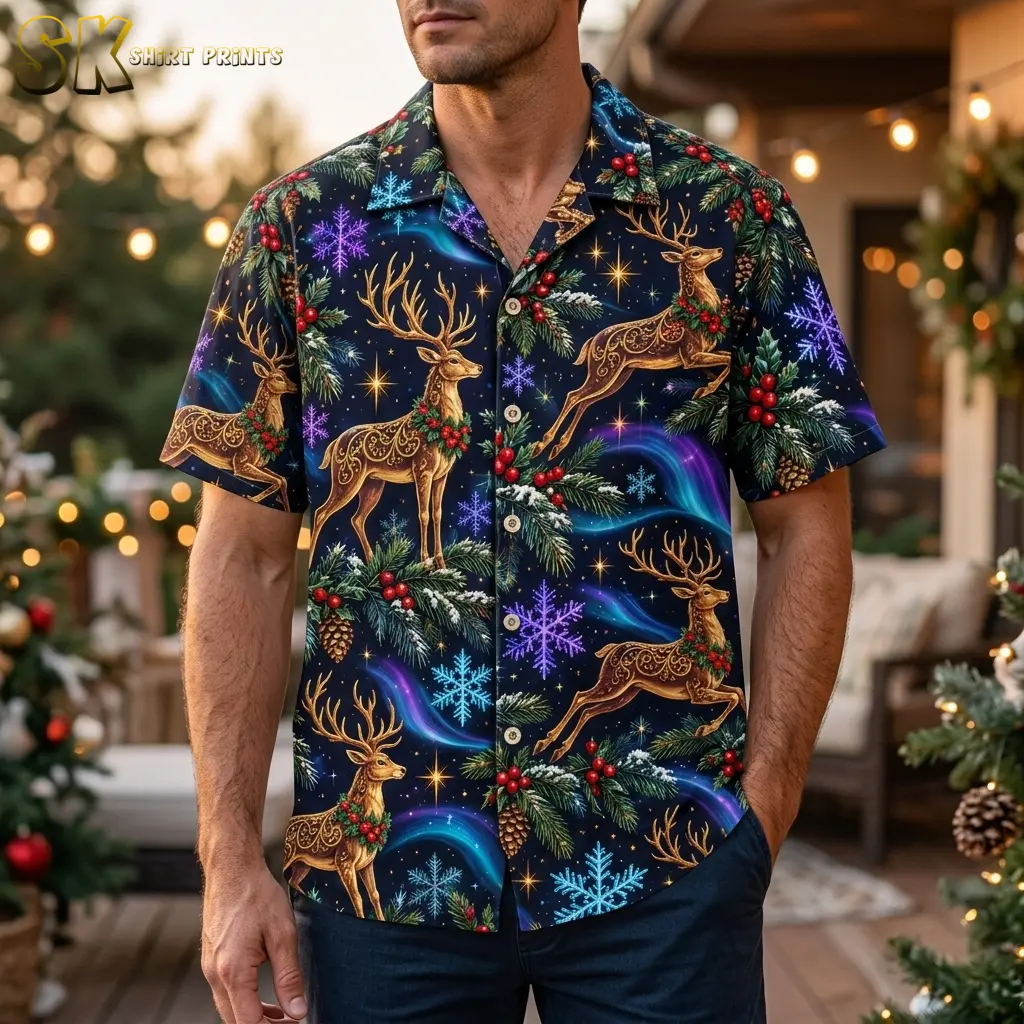 A man wears a dark reindeer-print short-sleeve shirt with jeans on a porch decorated with greenery and string lights.