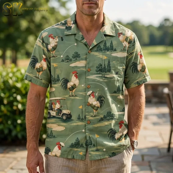A man wears a green rooster Hawaiian shirt with beige pants outdoors, showing the camp collar and golf-themed print.