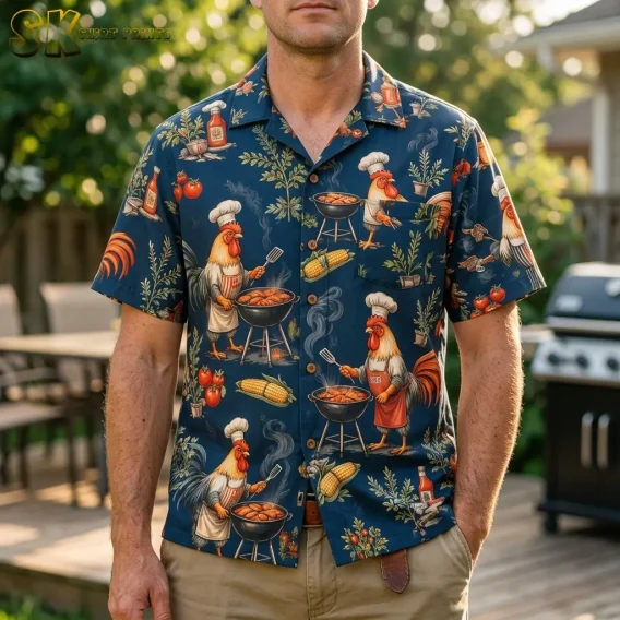 A man wears a navy rooster Hawaiian shirt with tan pants on a deck beside a backyard grill.