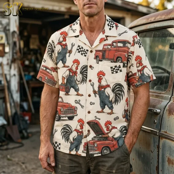 A man wears a cream rooster Hawaiian shirt beside a weathered vehicle, showing the red truck print and chest pocket.