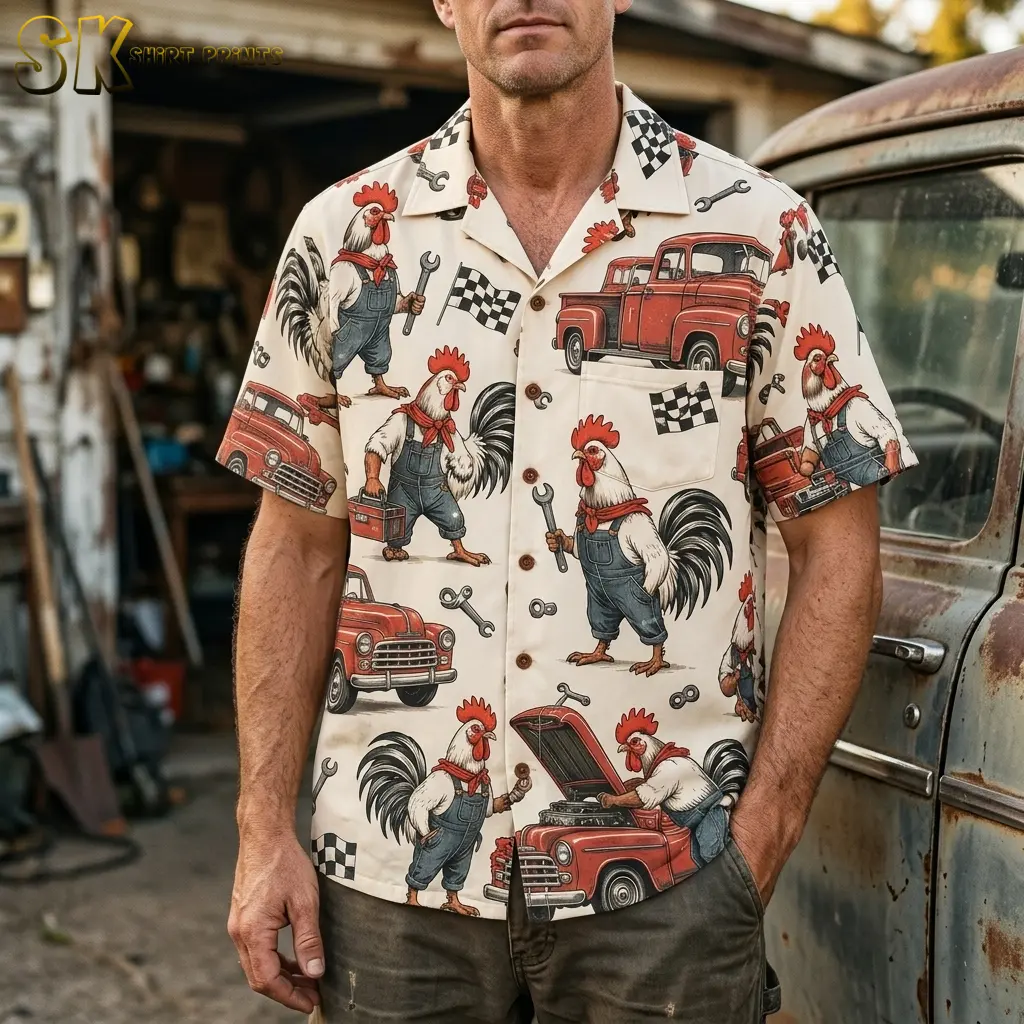A man wears a cream rooster Hawaiian shirt beside a weathered vehicle, showing the red truck print and chest pocket.