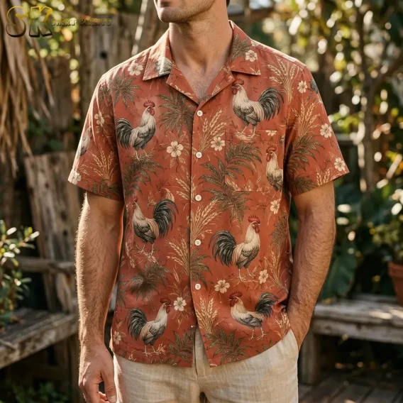 A man wears a terracotta rooster-print shirt with light shorts in a leafy outdoor setting.