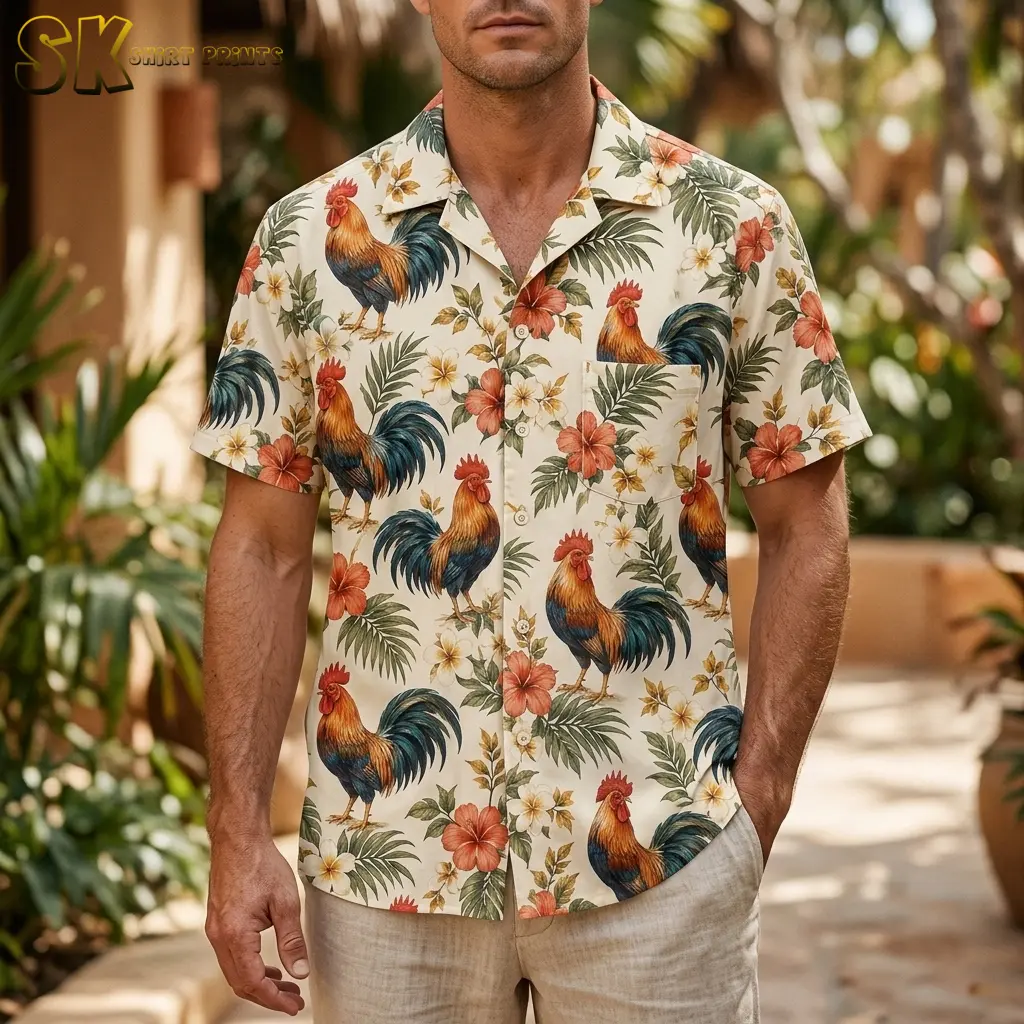 A man wears a rooster Hawaiian shirt with light-colored pants on a plant-lined outdoor walkway.
