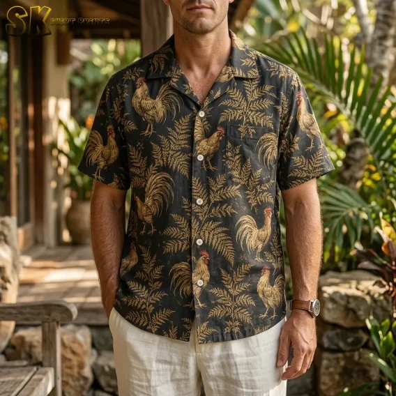 A man wears a dark rooster Hawaiian shirt with light-colored shorts beside a garden walkway.