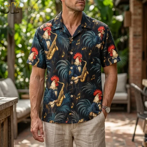 A man wears a black rooster Hawaiian shirt with beige pants on a leafy patio, with saxophone-playing roosters across the front.