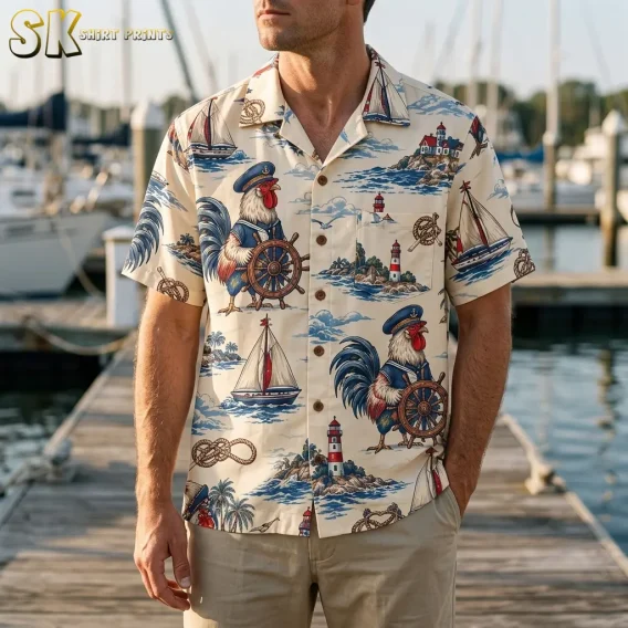 A man on a marina dock wears a cream rooster Hawaiian shirt with large captain roosters steering ship wheels.