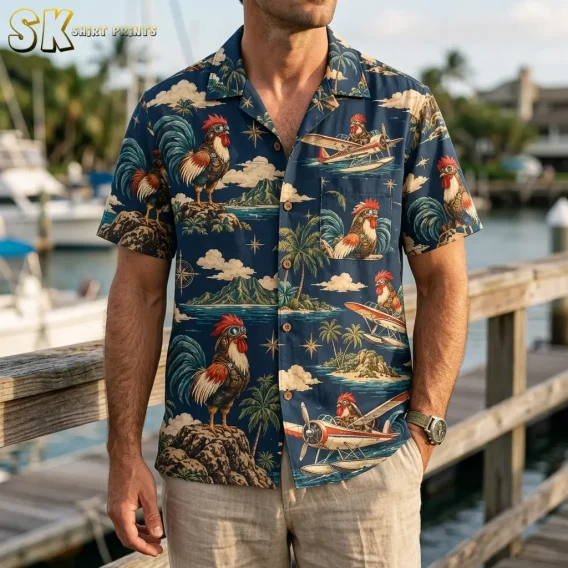 A man wears a navy rooster Hawaiian shirt with beige shorts beside a wooden marina railing, with boats behind him.