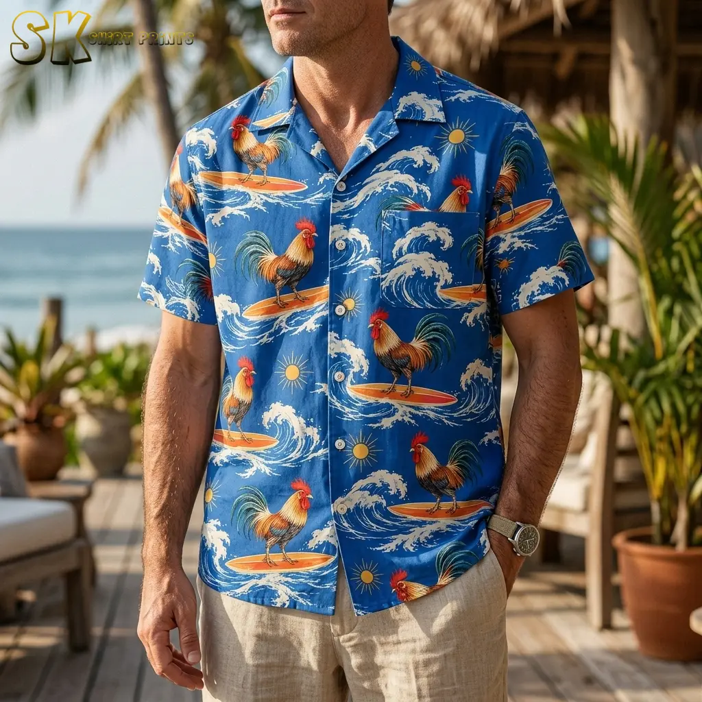 A man wears a blue rooster Hawaiian shirt with beige shorts on a wooden deck overlooking the ocean.