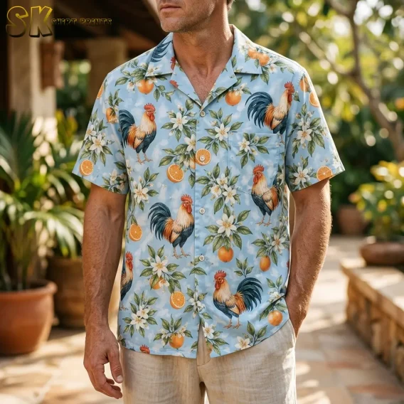 A man wears a light blue rooster-print button-up shirt with beige shorts beside potted greenery.