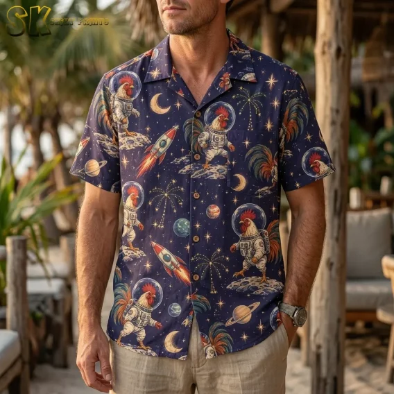 A man wears a navy rooster Hawaiian shirt with beige shorts beside wooden posts and palm foliage.