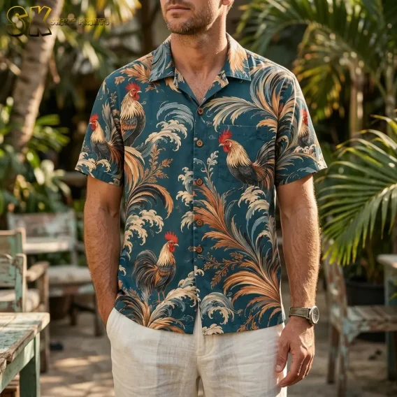 A man wears a teal rooster Hawaiian shirt with white shorts amid palms and outdoor seating.