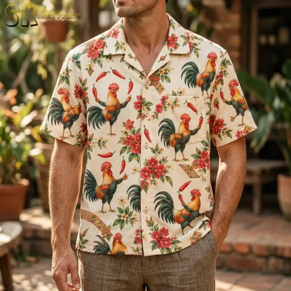 A man wears a cream rooster Hawaiian shirt with brown pants on a plant-filled patio, showing its camp collar and chest pocket.