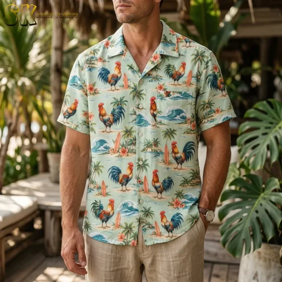 A man wears a rooster Hawaiian shirt with beige pants on a leafy patio, with the shirt untucked and its collar open.