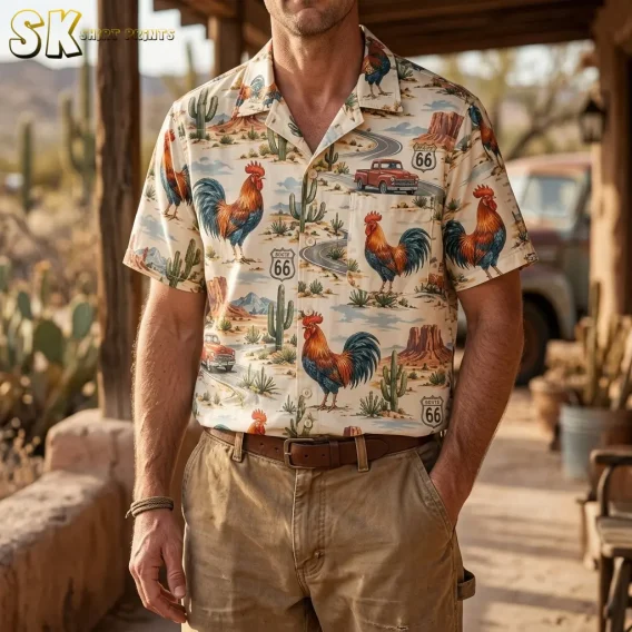 A man wears a rooster Hawaiian shirt tucked into tan pants on a wooden porch, with Route 66 signs and red trucks visible in the print.