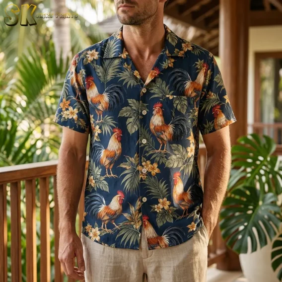 A man wears a navy rooster Hawaiian shirt with beige shorts beside a wooden railing and lush green plants.