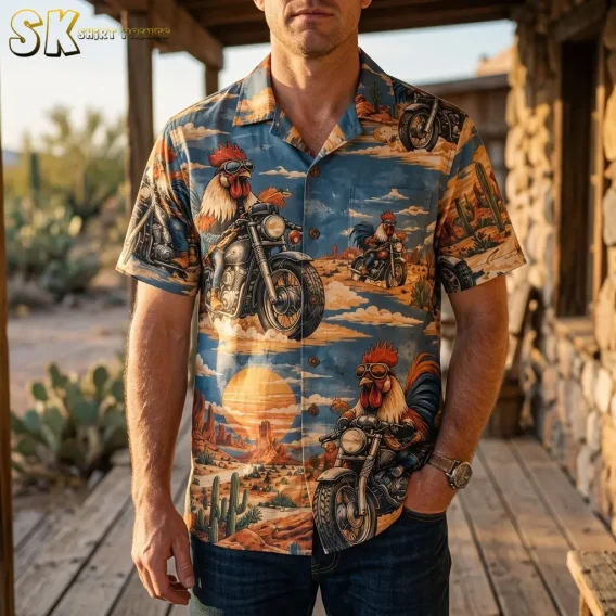 A man wears a blue rooster Hawaiian shirt with jeans on a wooden porch, with a large motorcycle illustration across the front.