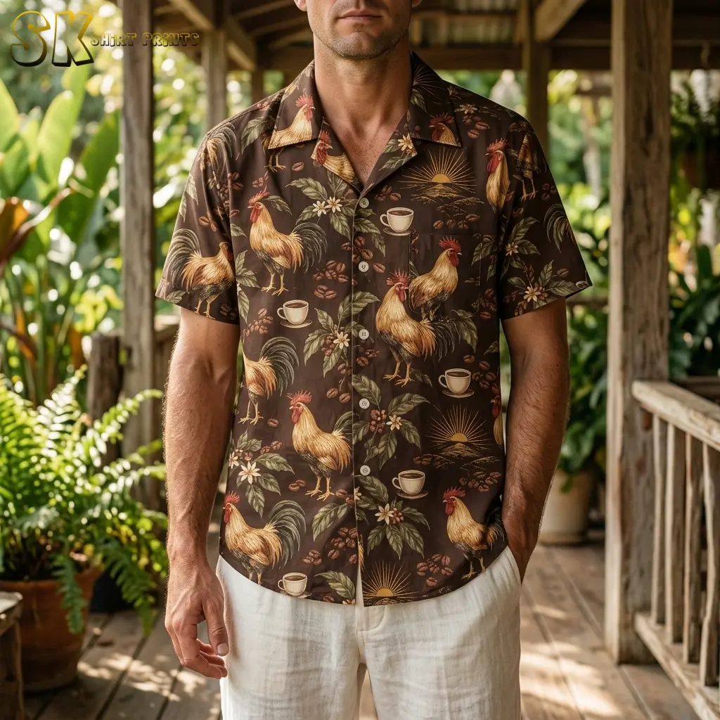 A man wears a brown rooster Hawaiian shirt with light-colored shorts on a wooden porch surrounded by greenery.