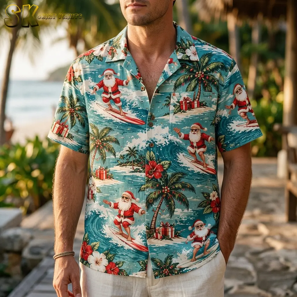 A man wears a turquoise Santa Claus Hawaiian shirt with white shorts on a palm-lined walkway beside the beach.