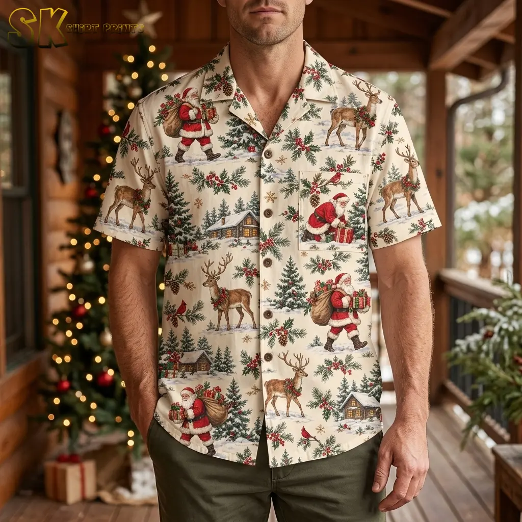 A man wears a cream Santa Claus Hawaiian shirt with green pants beside a lit Christmas tree in a wood-paneled setting.
