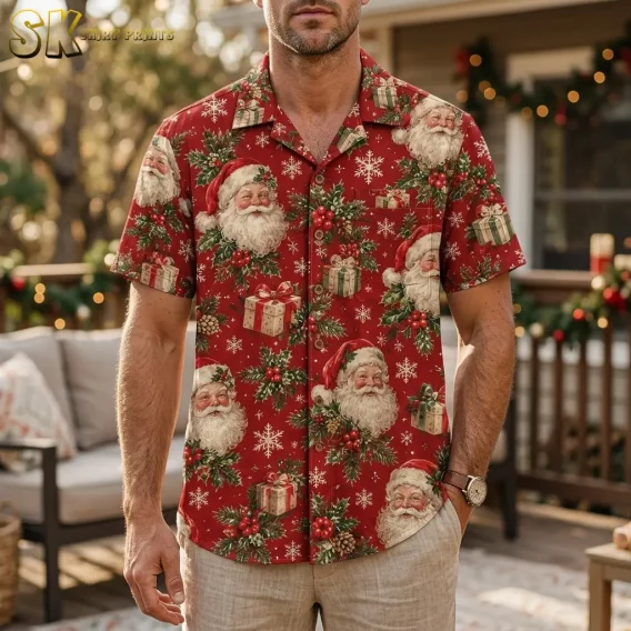 A man wears a red Santa Claus Hawaiian shirt with beige pants on a patio decorated with holiday greenery and lights.