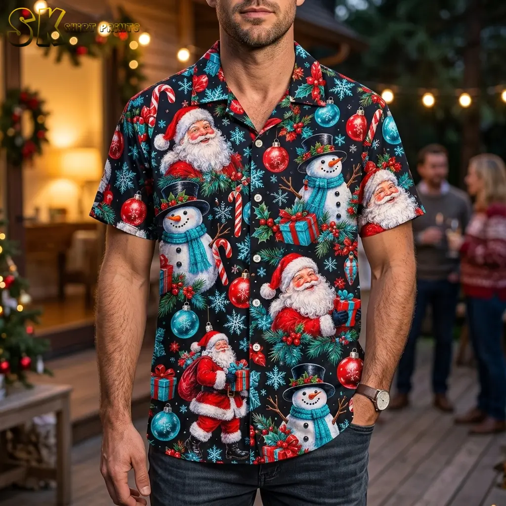 A man wears a black Santa Claus Hawaiian shirt with jeans on a porch decorated with warm lights and holiday greenery.