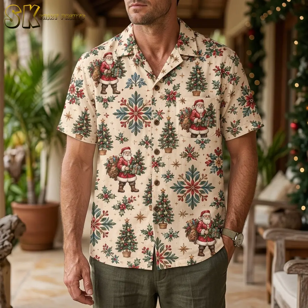 A man wears a cream Santa-print Hawaiian shirt with olive pants on a porch decorated with greenery and lights.