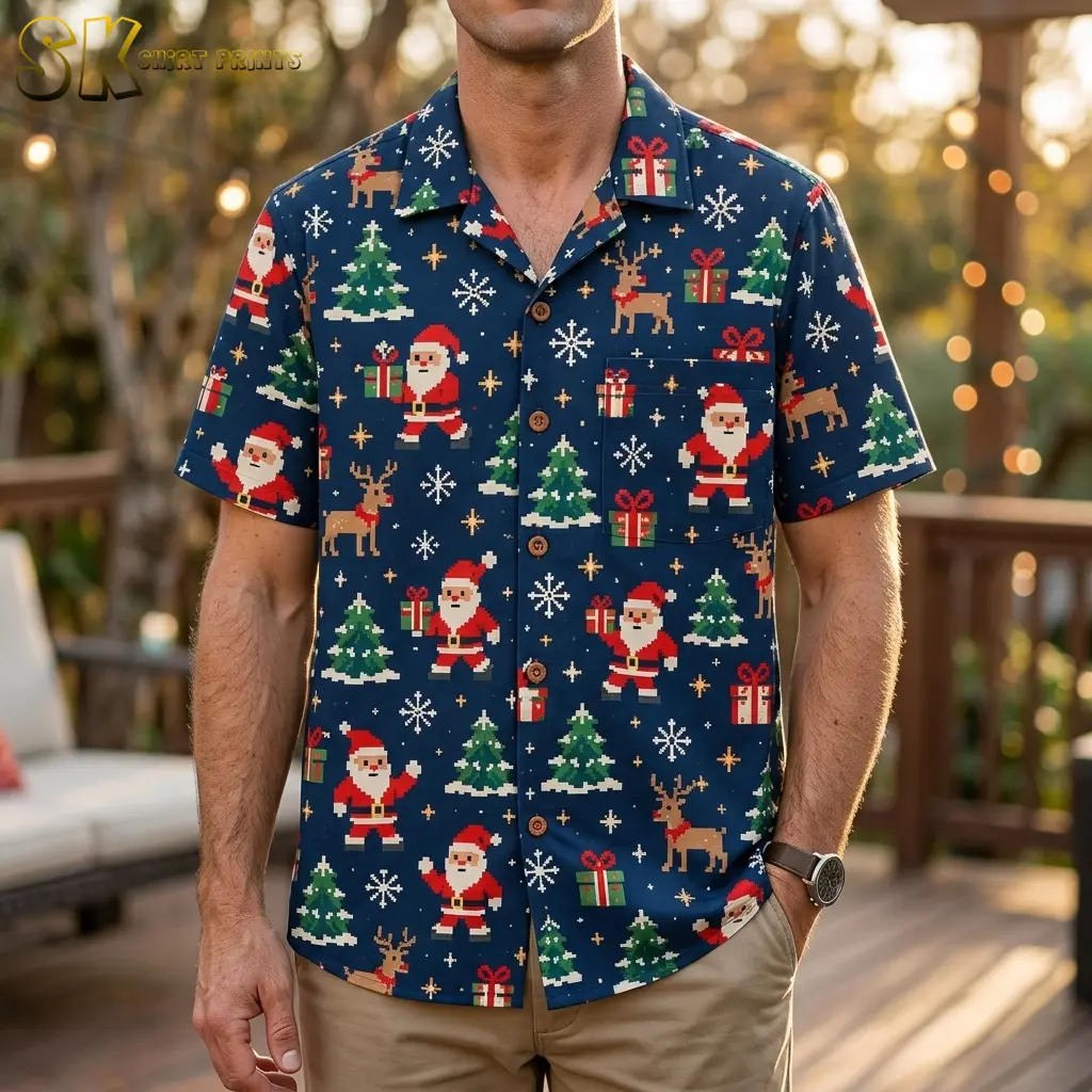 A man wears a navy short-sleeve Santa-print shirt with tan pants on a wooden deck with string lights.