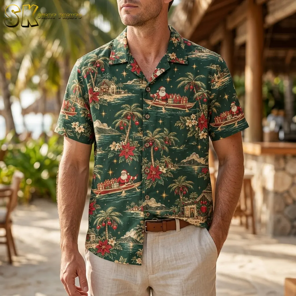 A man wears a dark green Santa print Hawaiian shirt with light-colored pants on a tropical patio.