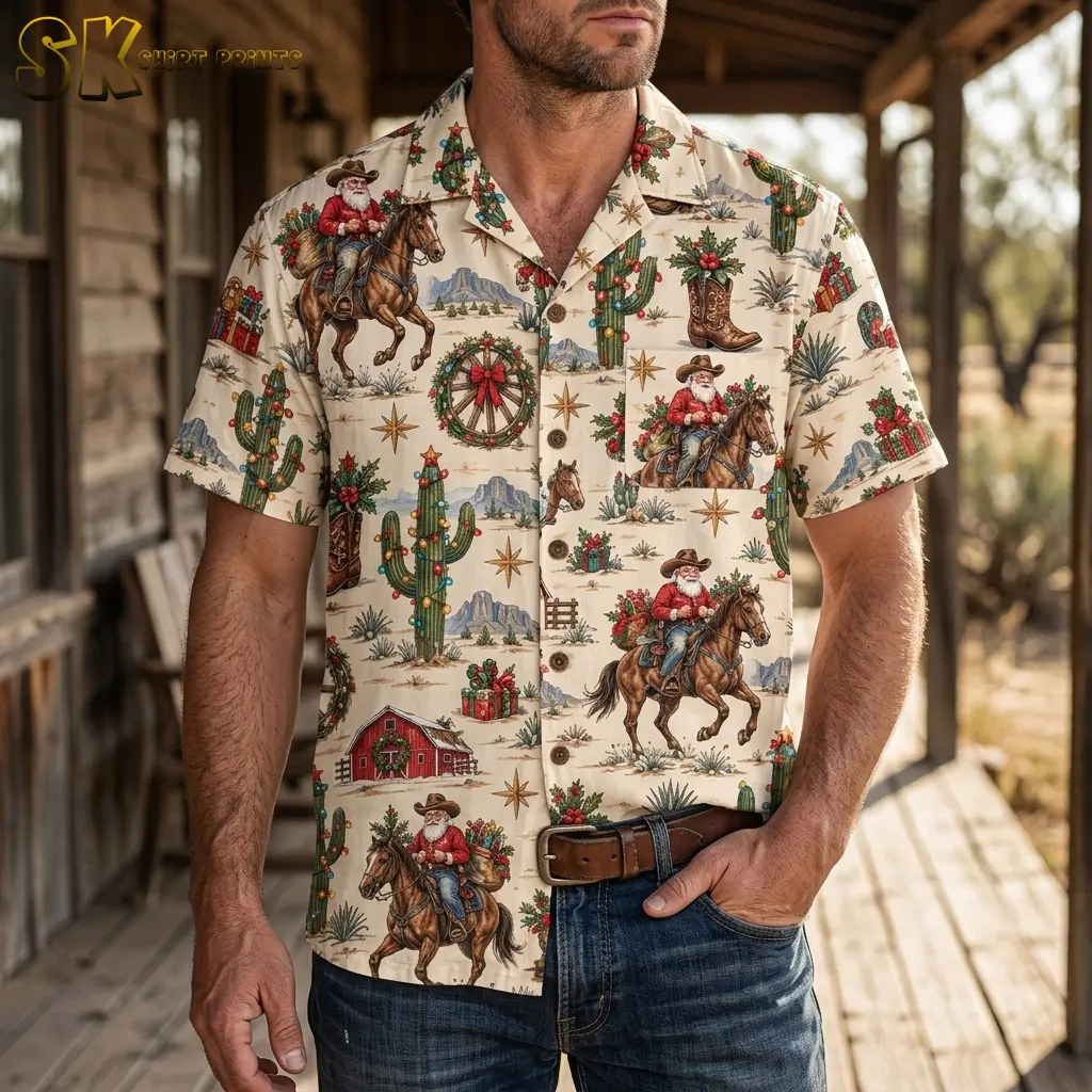 A man wears a cream Christmas Hawaiian shirt with cowboy Santa and cactus motifs, paired with jeans on a wooden porch.