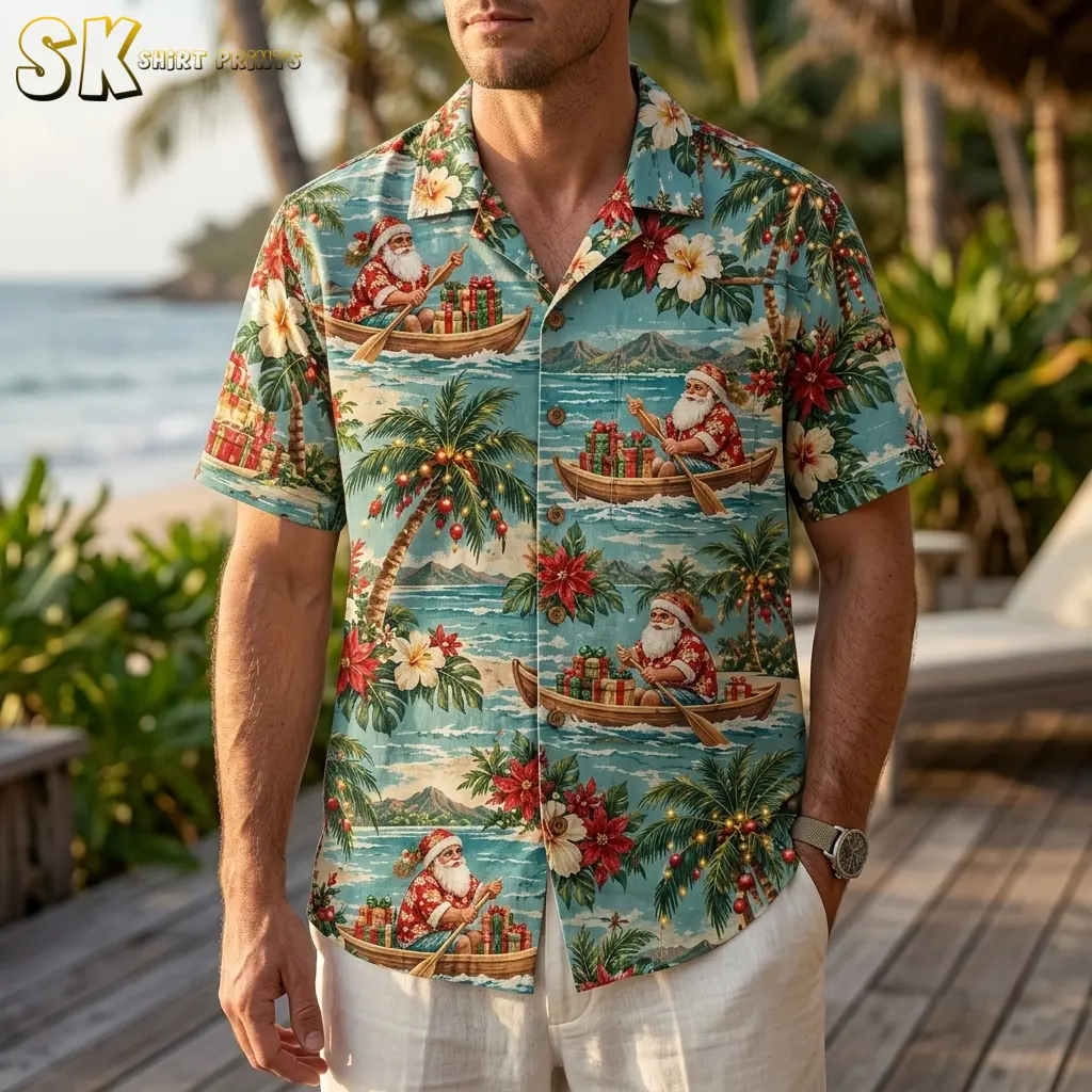 A man wears a turquoise Santa tropical shirt with white shorts on a wooden deck beside the beach.