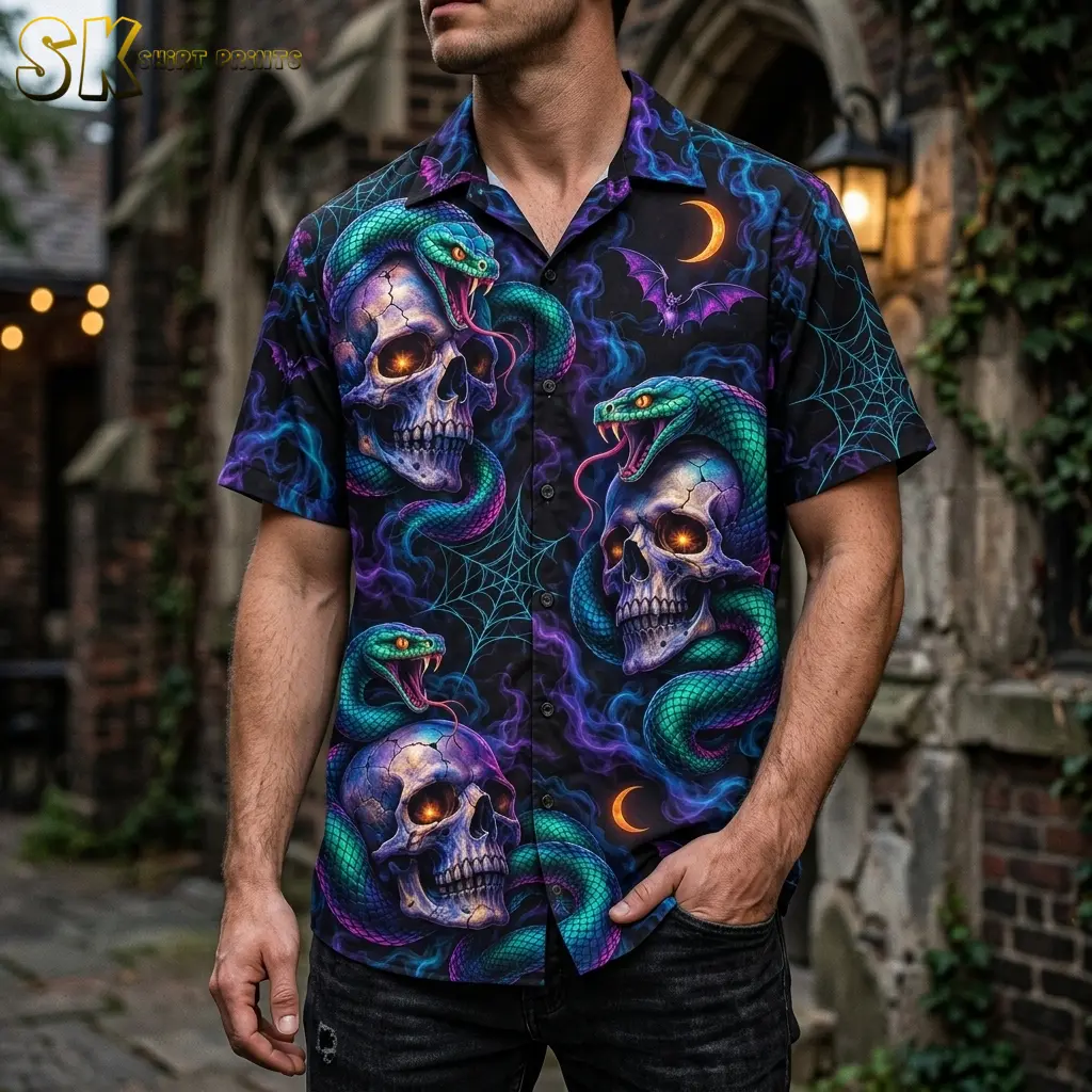 A man wears a black Halloween Hawaiian shirt with teal snakes and glowing-eyed skulls outside a stone entryway.