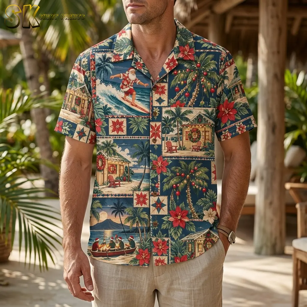 A man wears a short-sleeve Hawaiian Santa shirt with beige pants beside tropical plants and a wooden structure.