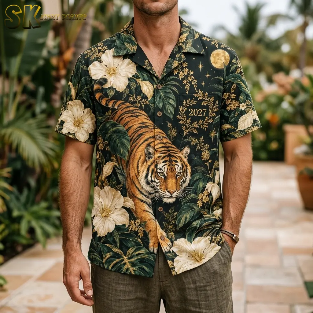 A man wears a tiger-print New Year shirt with gray pants on a tropical walkway, showing the large front tiger and gold 2027 detail.
