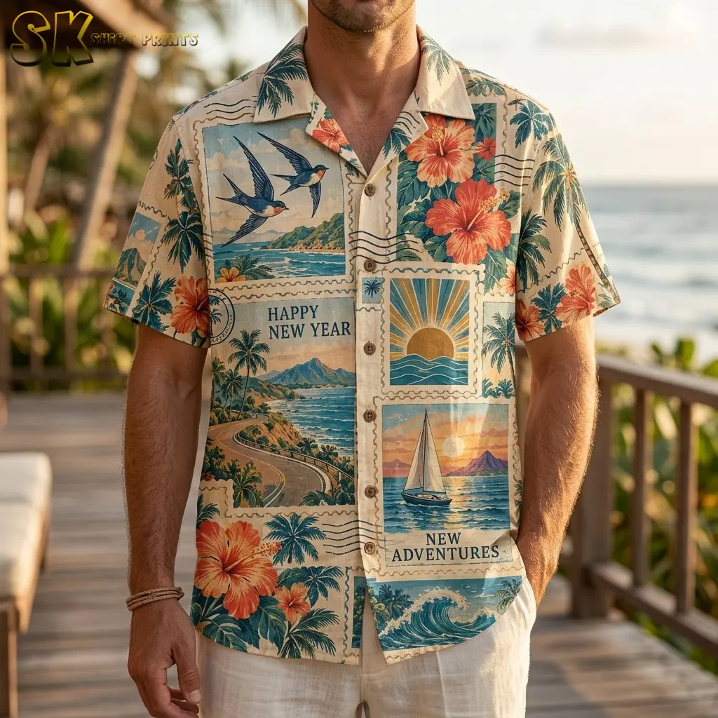 A man wears a beige tropical stamp-print button-up with light pants on a wooden deck overlooking the ocean.