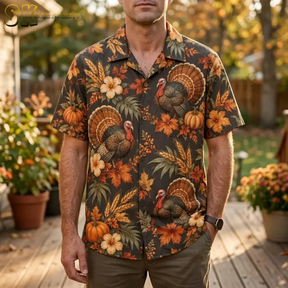 A man stands on a wooden deck wearing a Thanksgiving Hawaiian shirt with large turkeys and orange pumpkins.
