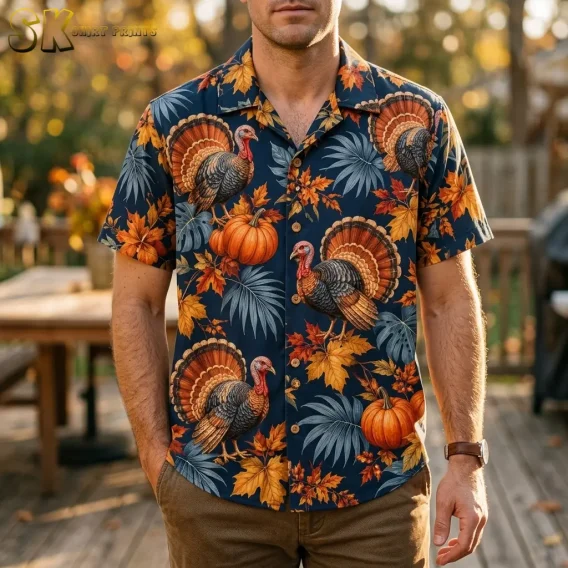 A man on a wooden deck wears a navy Thanksgiving Hawaiian shirt with large turkey illustrations and orange pumpkins.